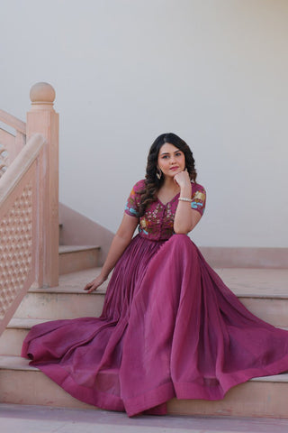 Light Purple Elegant Silver Crunchy Gown with Embroidered Koti – Stylish Partywear Set ClothsVilla