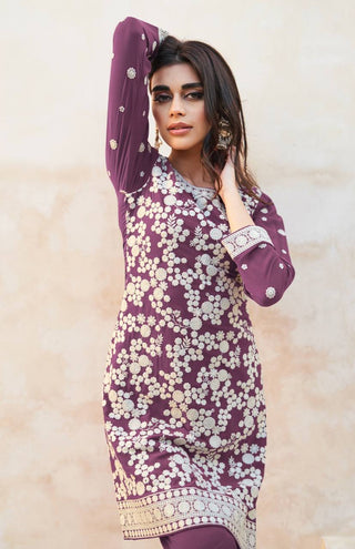 Light Purple Exquisite Faux Georgette Embroidered Salwar Suit ClothsVilla