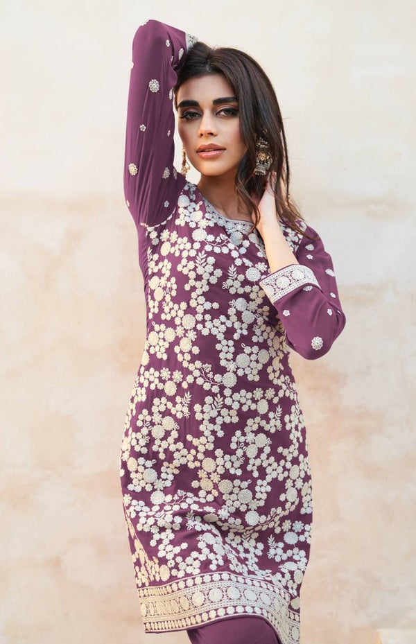 Light Purple Exquisite Faux Georgette Embroidered Salwar Suit ClothsVilla