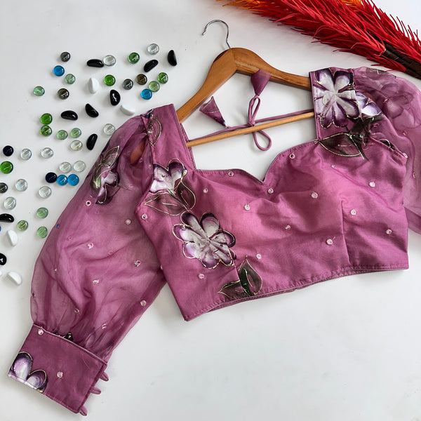 Light Purple Hand-Painted Organza Silk Blouse with Embroidery Accents ClothsVilla
