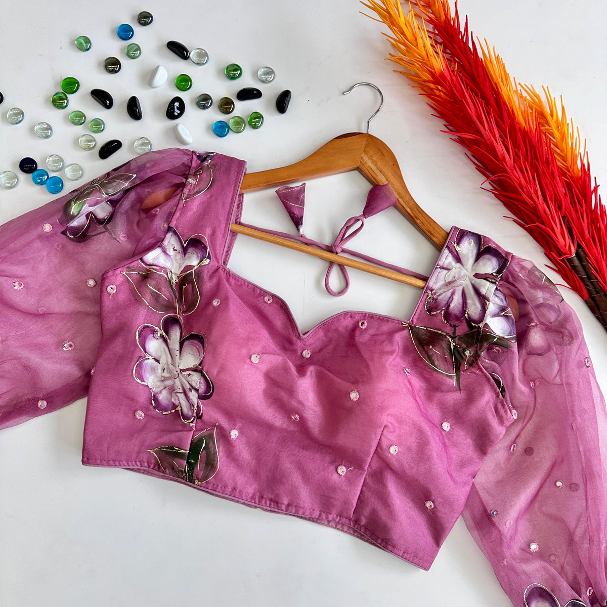 Light Purple Hand-Painted Organza Silk Blouse with Embroidery Accents ClothsVilla Main image