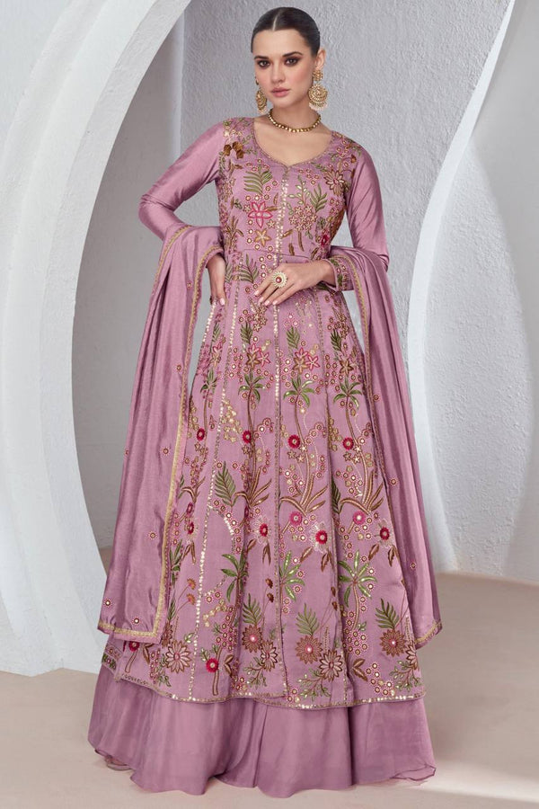 Light Purple Luxurious Viscose Silk Embroidered Gown Set with Dupatta ClothsVilla