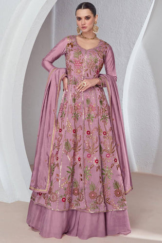 Light Purple Luxurious Viscose Silk Embroidered Gown Set with Dupatta ClothsVilla