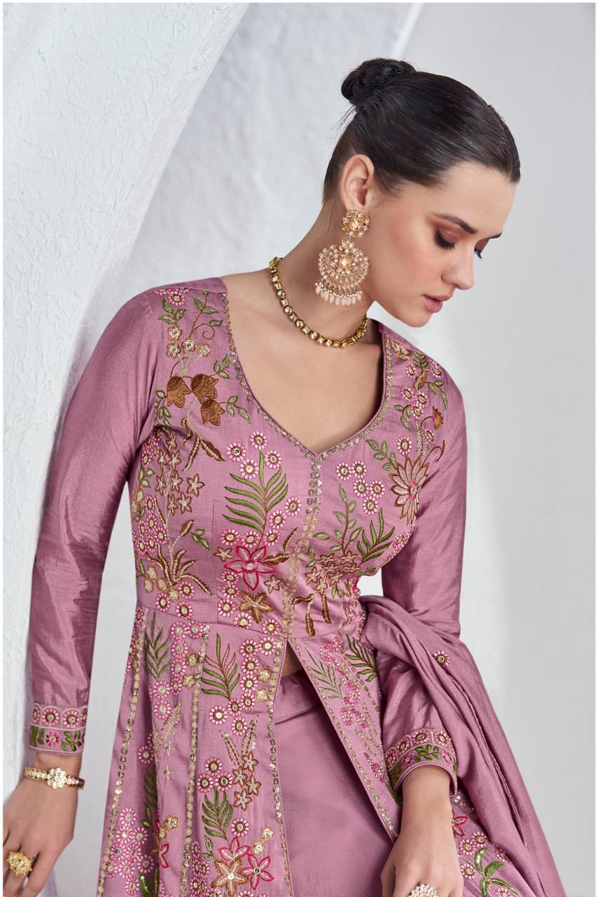 Light Purple Luxurious Viscose Silk Embroidered Gown Set with Dupatta Secondary image