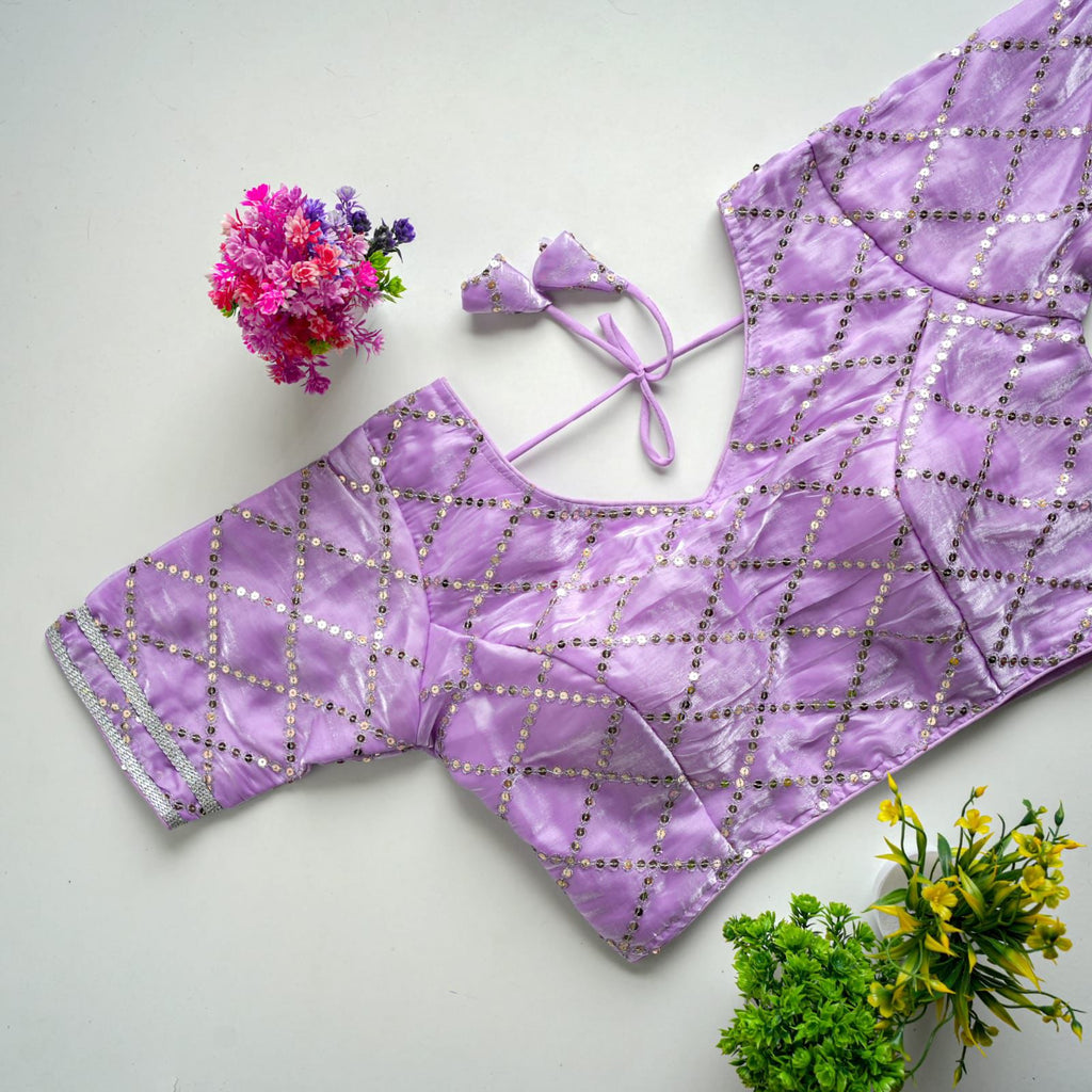 Light Purple Metalic Jimmy Choo Blouse with Exquisite Sequence Embroidery ClothsVilla