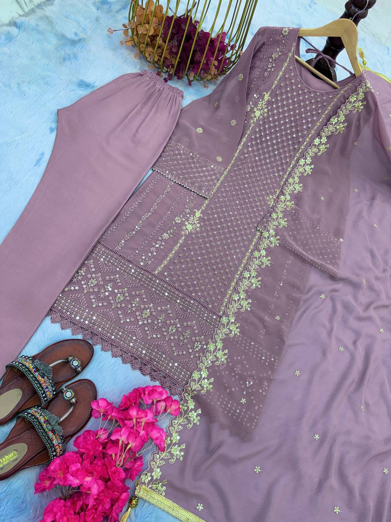 Light Purple Premium Designer Party Wear Faux Georgette Top, Bottom & Dupatta Set Clothsvilla