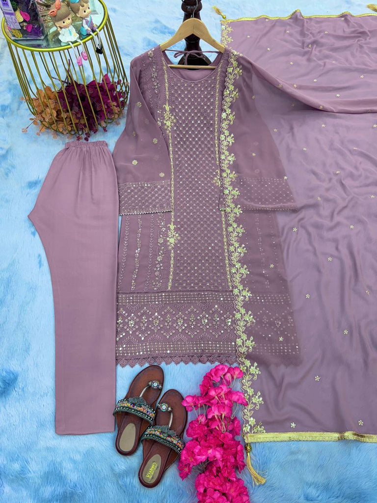 Light Purple Premium Designer Party Wear Faux Georgette Top, Bottom & Dupatta Set Clothsvilla