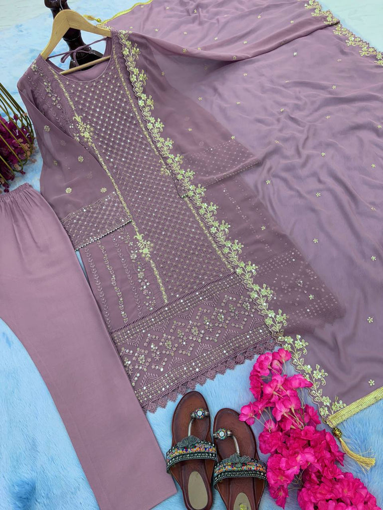 Light Purple Premium Designer Party Wear Faux Georgette Top, Bottom & Dupatta Set Clothsvilla