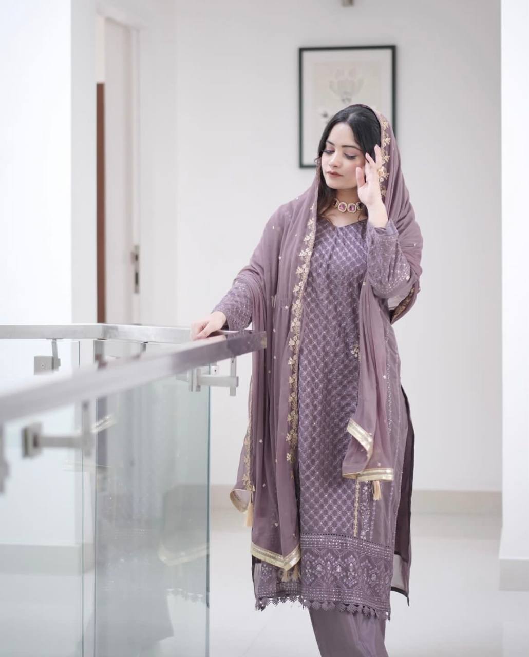 Light Purple Premium Designer Party Wear Faux Georgette Top, Bottom & Dupatta Set Clothsvilla Main image