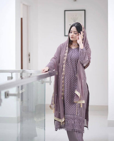 Light Purple Premium Designer Party Wear Faux Georgette Top, Bottom & Dupatta Set Clothsvilla Main image