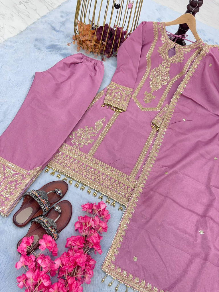 Light Purple Premium Designer Ready-to-Wear Top, Plazzo & Dupatta Set Clothsvilla