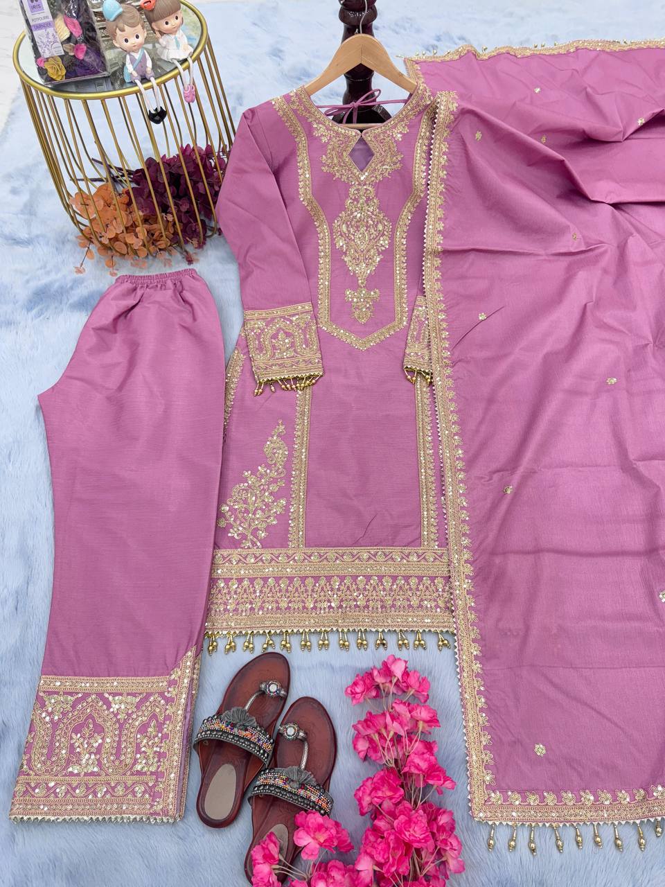 Light Purple Premium Designer Ready-to-Wear Top, Plazzo & Dupatta Set Clothsvilla Main image