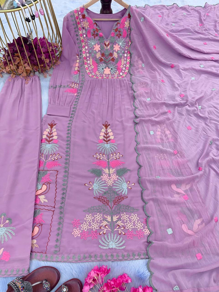 Light Purple Premium Designer Readymade Top, Palazzo & Dupatta Set ClothsVilla