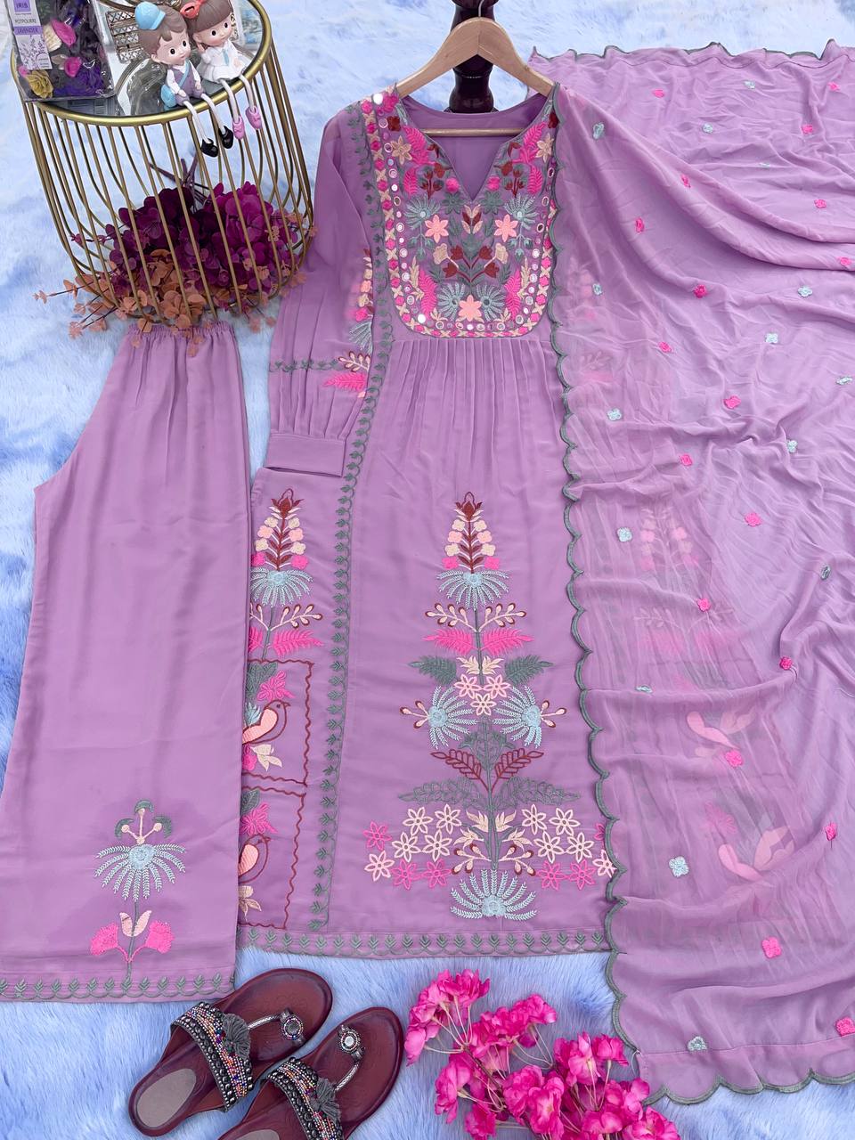 Light Purple Premium Designer Readymade Top, Palazzo & Dupatta Set ClothsVilla Main image