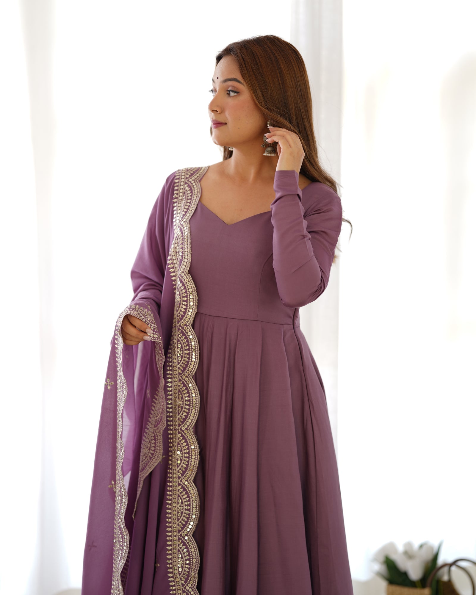 Light Purple Premium Quality Pure Romansilk Chanderi Anarkali Gown with Dupatta & Pant Set - Ready to Wear