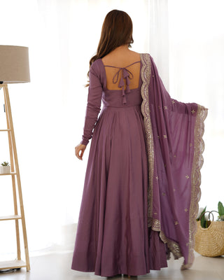 Light Purple Premium Quality Pure Romansilk Chanderi Anarkali Gown with Dupatta & Pant Set - Ready to Wear