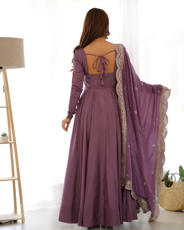 Light Purple Premium Quality Pure Romansilk Chanderi Anarkali Gown with Dupatta & Pant Set - Ready to Wear