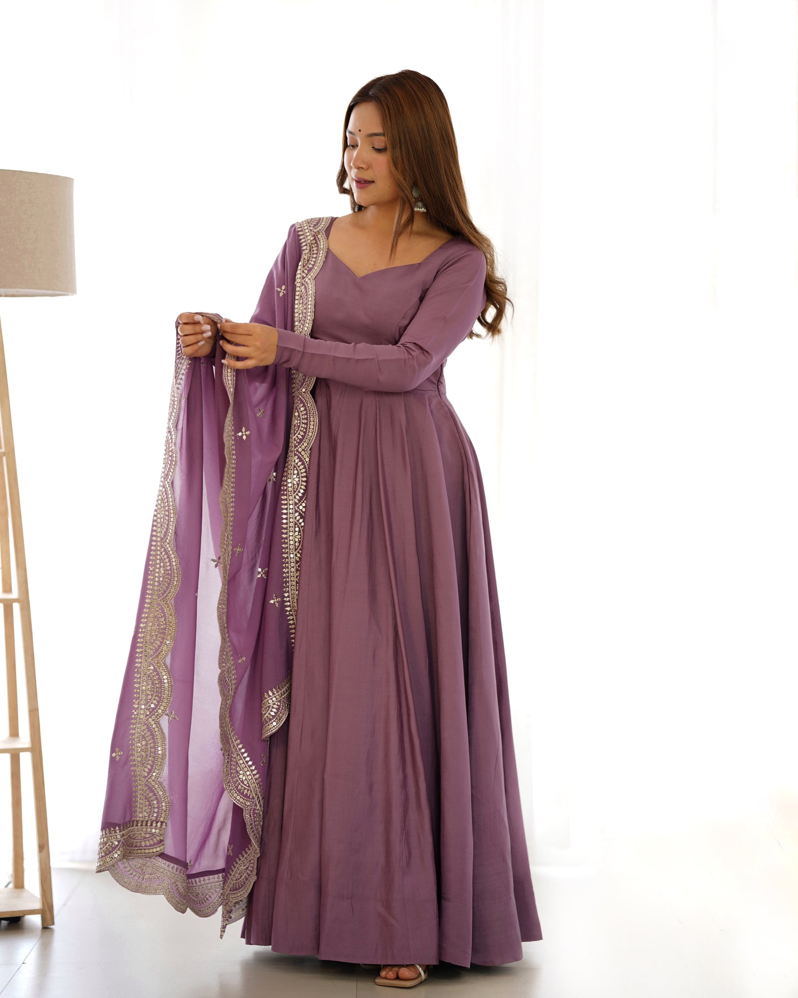 Light Purple Premium Quality Pure Romansilk Chanderi Anarkali Gown with Dupatta & Pant Set - Ready to Wear