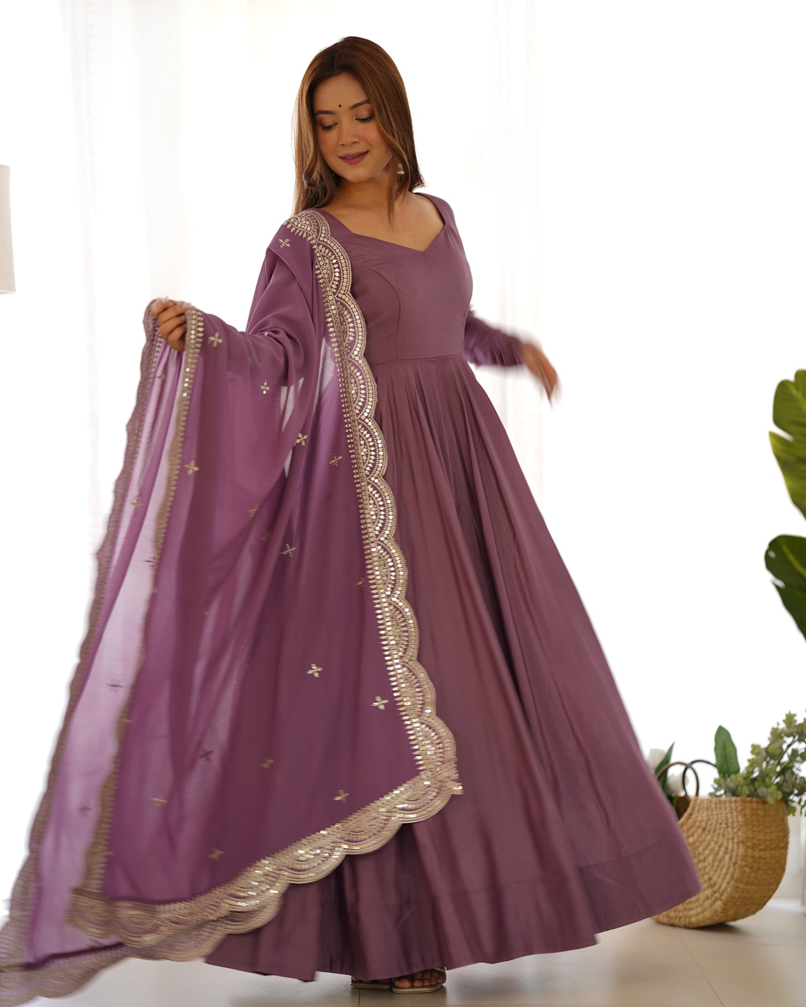 Light Purple Premium Quality Pure Romansilk Chanderi Anarkali Gown with Dupatta & Pant Set - Ready to Wear
