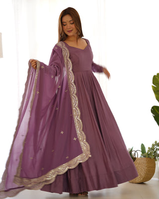 Light Purple Premium Quality Pure Romansilk Chanderi Anarkali Gown with Dupatta & Pant Set - Ready to Wear