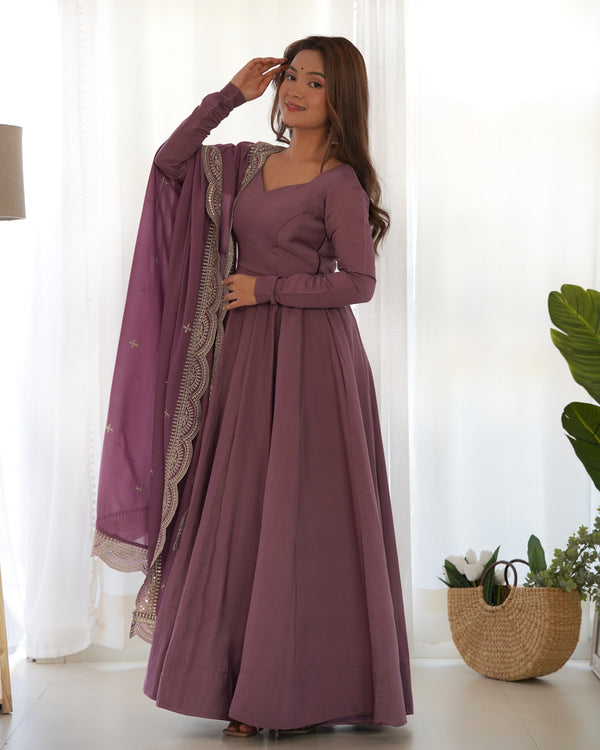 Light Purple Premium Quality Pure Romansilk Chanderi Anarkali Gown with Dupatta & Pant Set - Ready to Wear