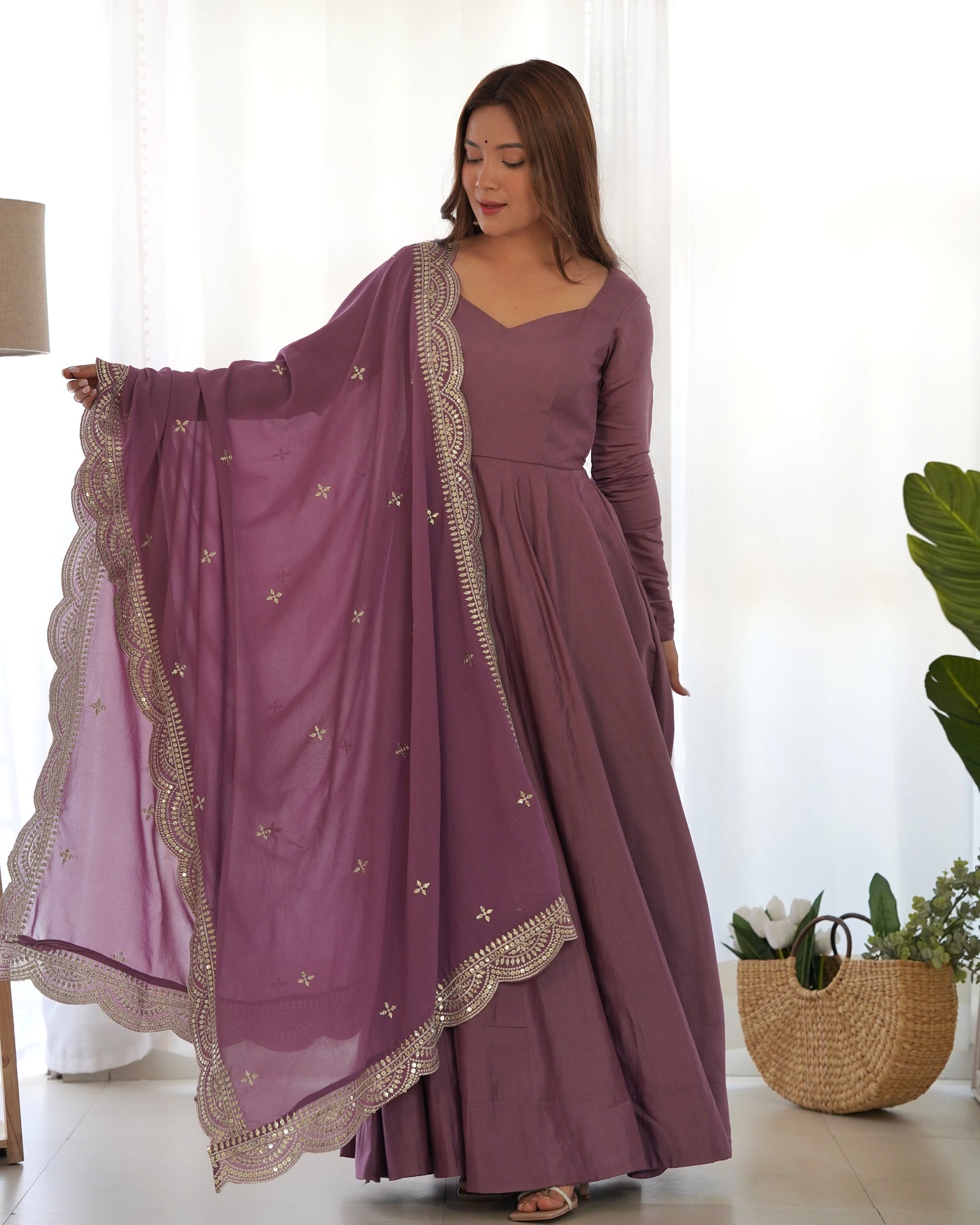 Light Purple Premium Quality Pure Romansilk Chanderi Anarkali Gown with Dupatta & Pant Set - Ready to Wear