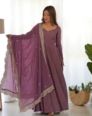 Light Purple Premium Quality Pure Romansilk Chanderi Anarkali Gown with Dupatta & Pant Set - Ready to Wear