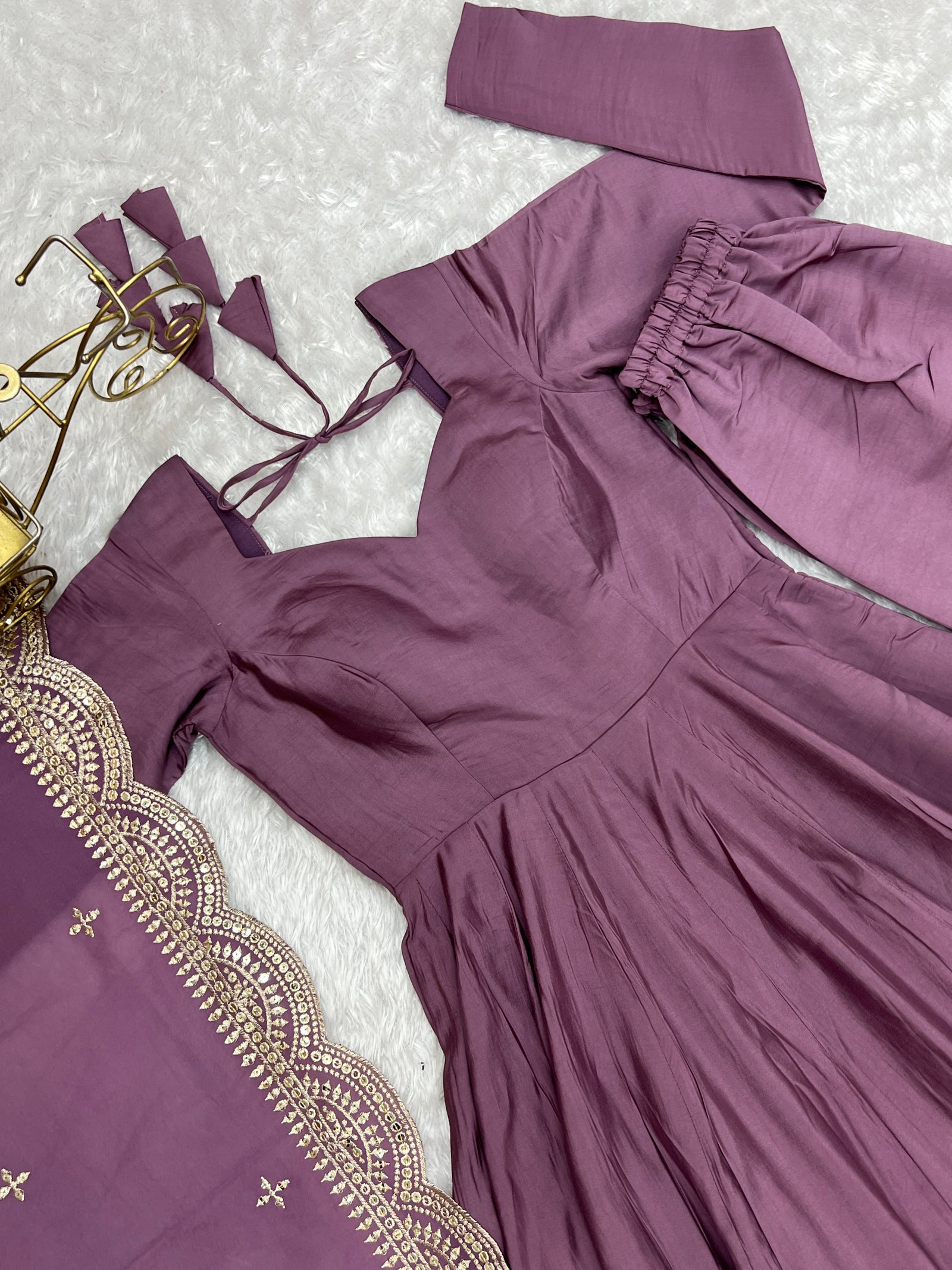 Light Purple Premium Quality Pure Romansilk Chanderi Anarkali Gown with Dupatta & Pant Set - Ready to Wear