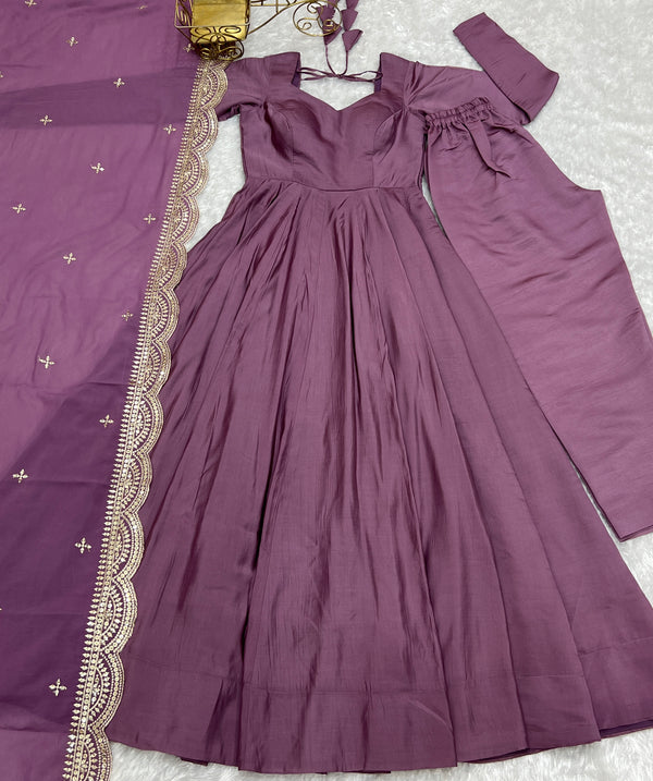 Light Purple Premium Quality Pure Romansilk Chanderi Anarkali Gown with Dupatta & Pant Set - Ready to Wear