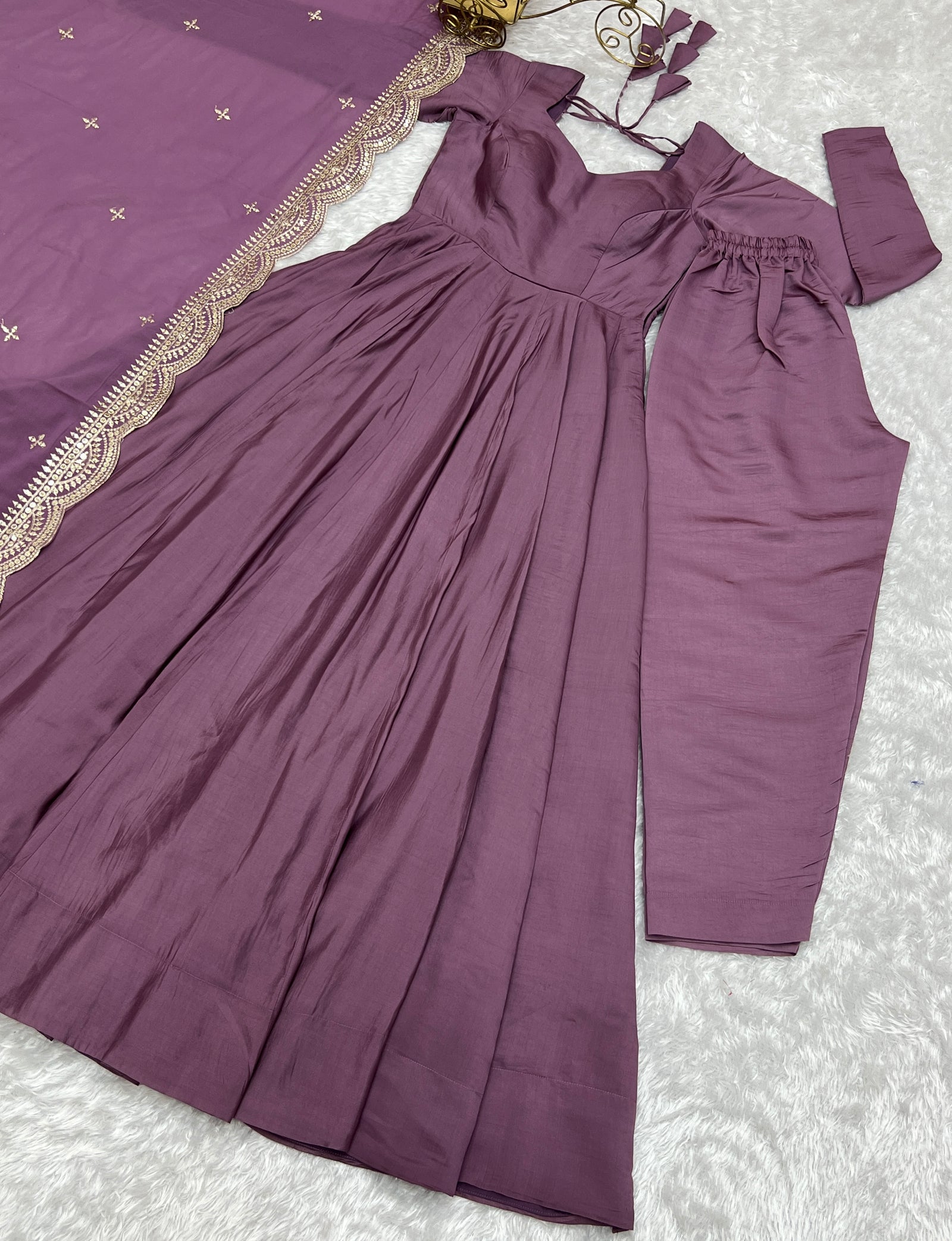Light Purple Premium Quality Pure Romansilk Chanderi Anarkali Gown with Dupatta & Pant Set - Ready to Wear
