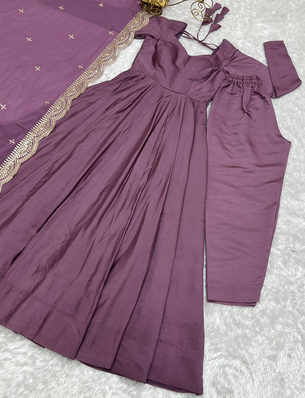 Light Purple Premium Quality Pure Romansilk Chanderi Anarkali Gown with Dupatta & Pant Set - Ready to Wear