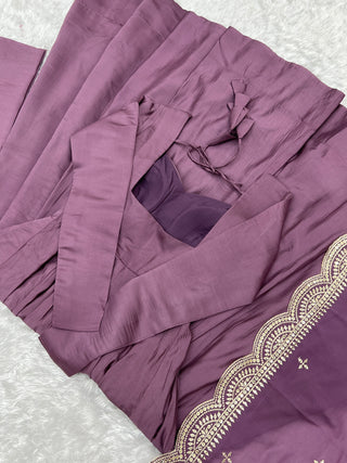Light Purple Premium Quality Pure Romansilk Chanderi Anarkali Gown with Dupatta & Pant Set - Ready to Wear