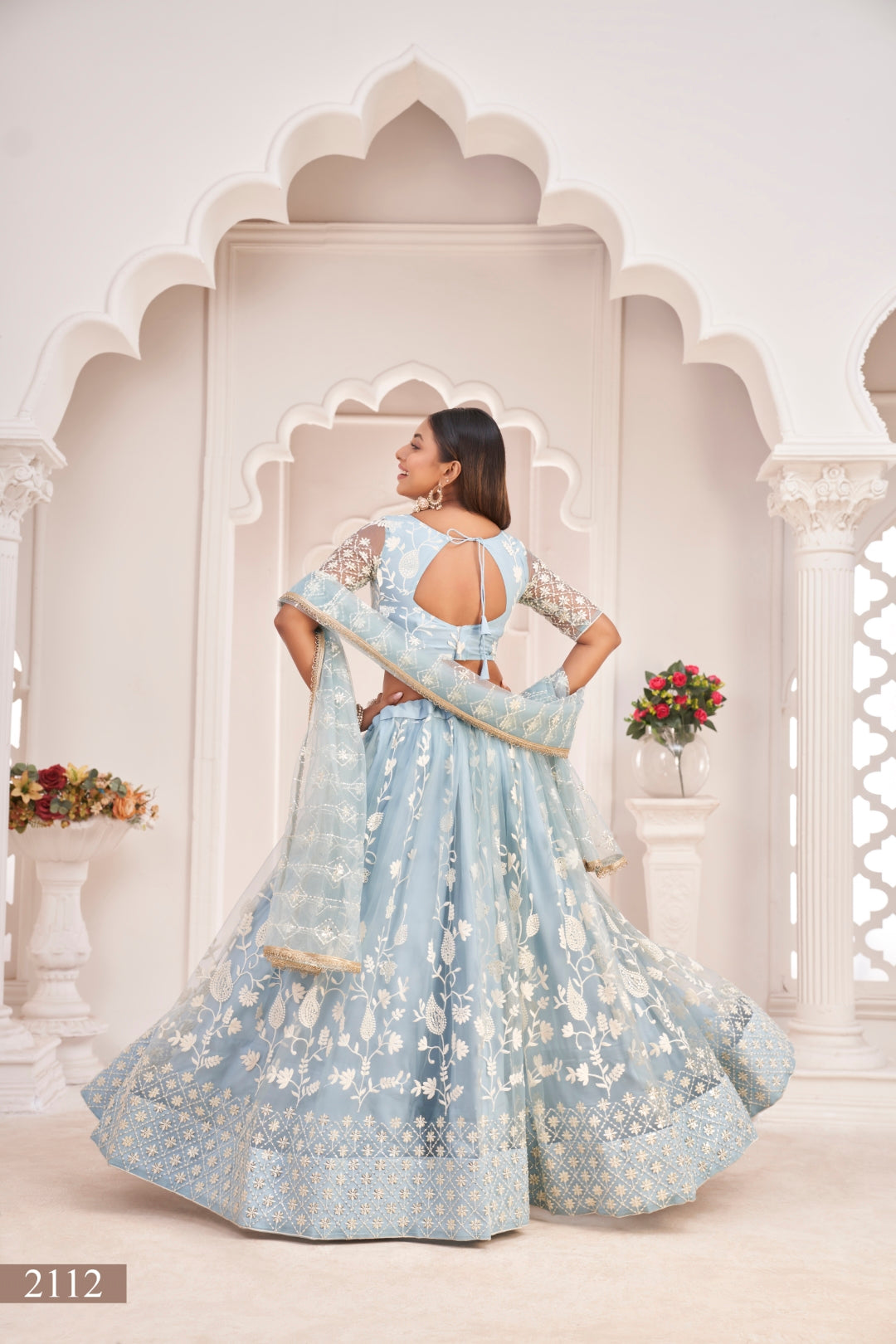 Light Sky Blue Elegant Butterfly Net Lehenga with Intricate Embroidery ClothsVilla