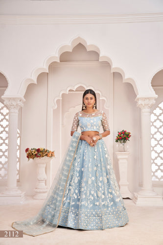 Light Sky Blue Elegant Butterfly Net Lehenga with Intricate Embroidery ClothsVilla