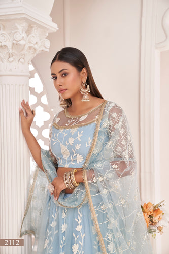 Light Sky Blue Elegant Butterfly Net Lehenga with Intricate Embroidery ClothsVilla