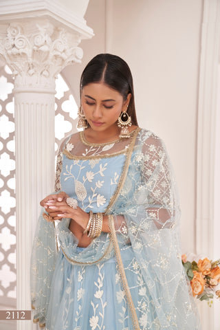 Light Sky Blue Elegant Butterfly Net Lehenga with Intricate Embroidery ClothsVilla
