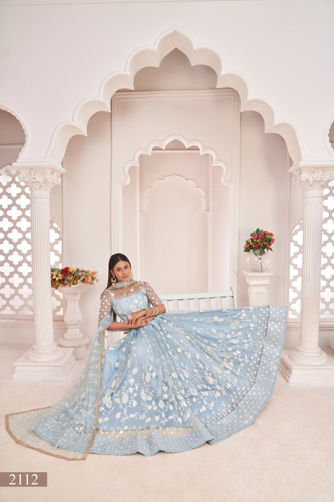 Light Sky Blue Elegant Butterfly Net Lehenga with Intricate Embroidery ClothsVilla