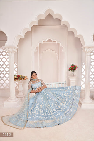 Light Sky Blue Elegant Butterfly Net Lehenga with Intricate Embroidery ClothsVilla