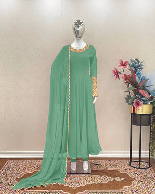 Light Sky Blue Premium Designer Party Wear Anarkali Gown, Dupatta & Bottom Set Clothsvilla