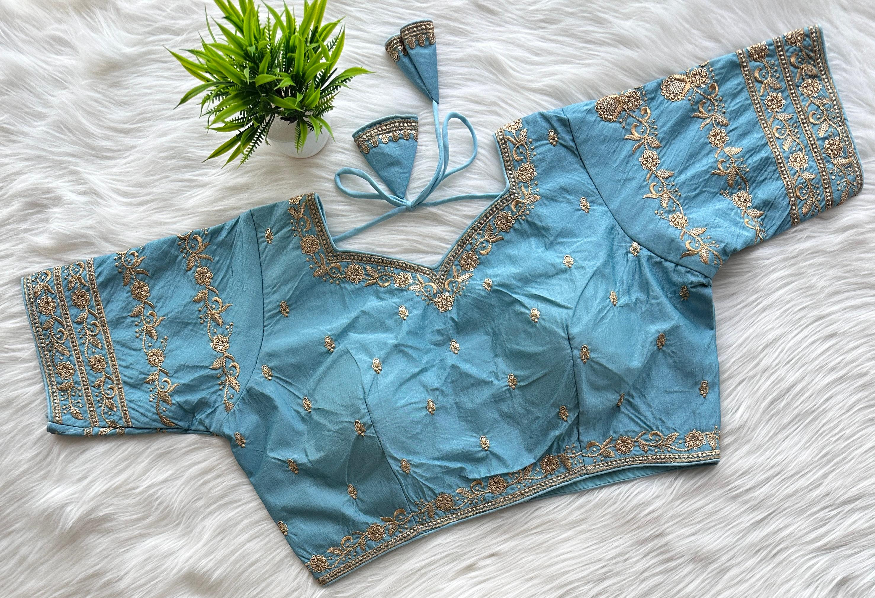 Light Sky Blue Rajbhog Silk Embroidered Blouse with Handcrafted Detailing ClothsVilla Main image