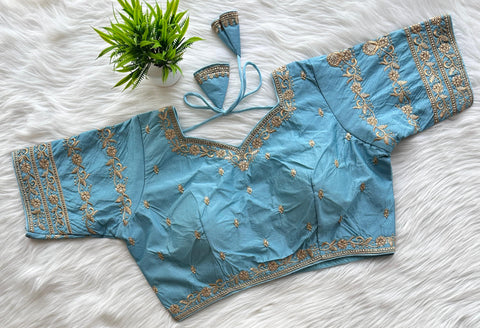 Light Sky Blue Rajbhog Silk Embroidered Blouse with Handcrafted Detailing ClothsVilla Main image