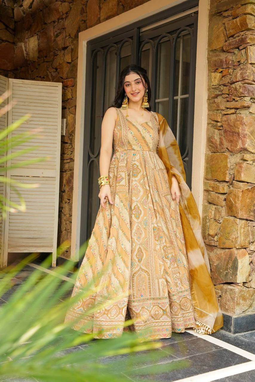 Light Yellow Designer Jimmy Organza Silk Digital Printed Anarkali Gown Set with Dupatta ClothsVilla