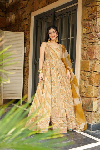 Light Yellow Designer Jimmy Organza Silk Digital Printed Anarkali Gown Set with Dupatta ClothsVilla