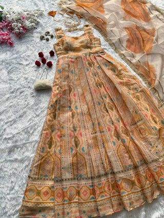 Light Yellow Designer Jimmy Organza Silk Digital Printed Anarkali Gown Set with Dupatta ClothsVilla