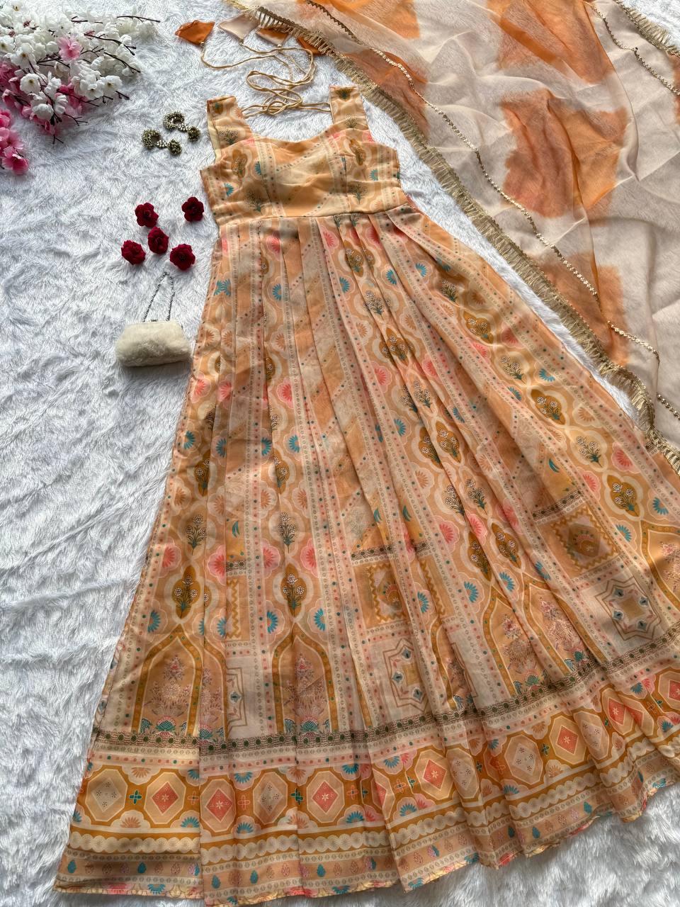 Light Yellow Designer Jimmy Organza Silk Digital Printed Anarkali Gown Set with Dupatta ClothsVilla