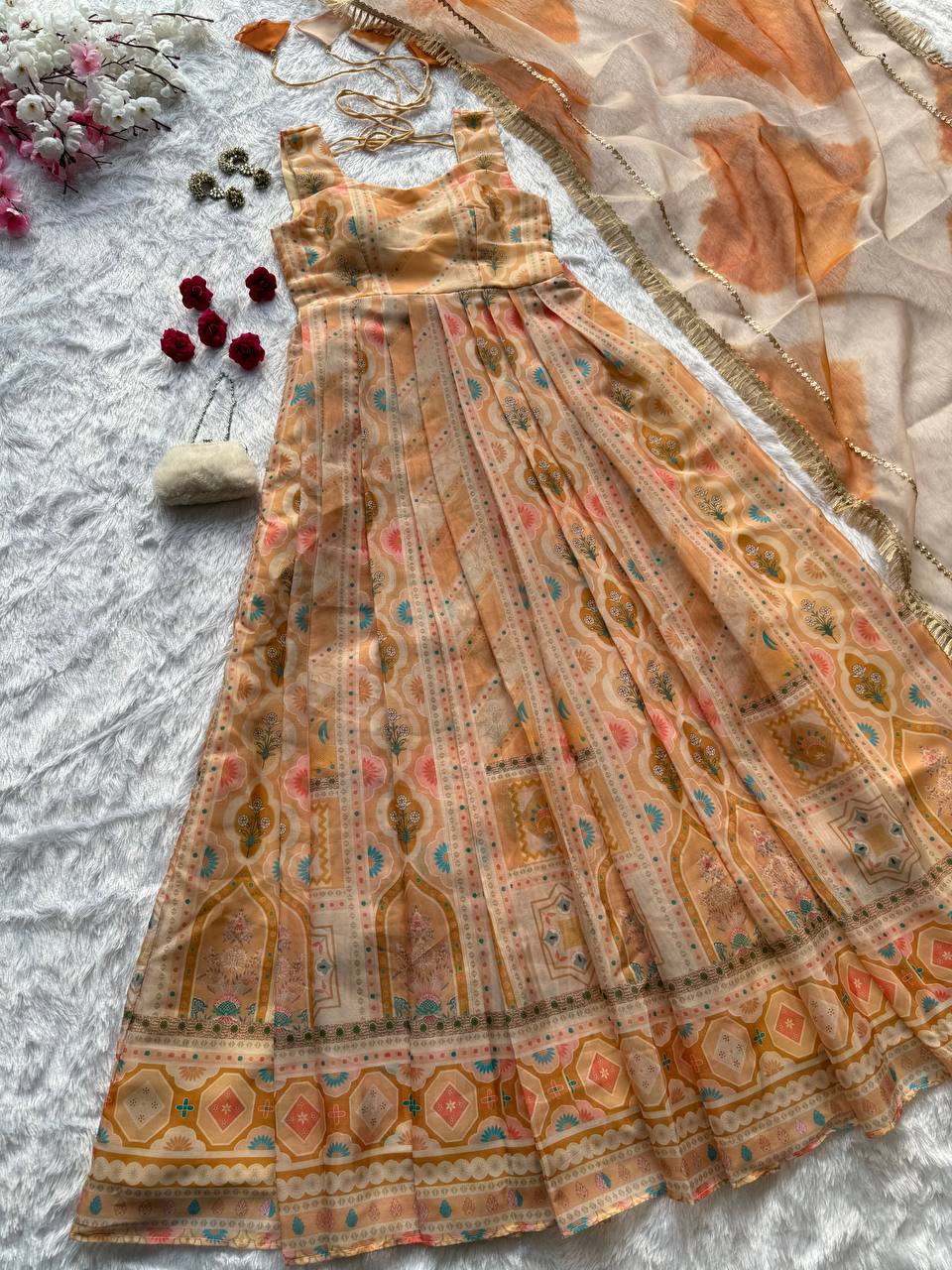 Light Yellow Designer Jimmy Organza Silk Digital Printed Anarkali Gown Set with Dupatta ClothsVilla
