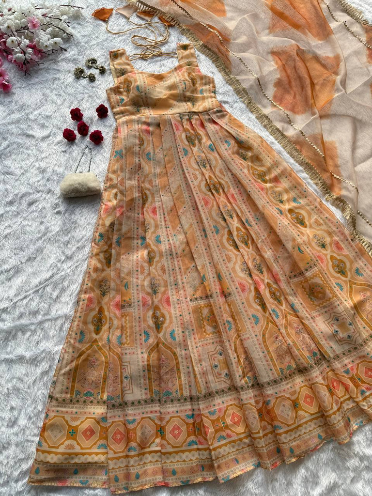 Light Yellow Designer Jimmy Organza Silk Digital Printed Anarkali Gown Set with Dupatta ClothsVilla