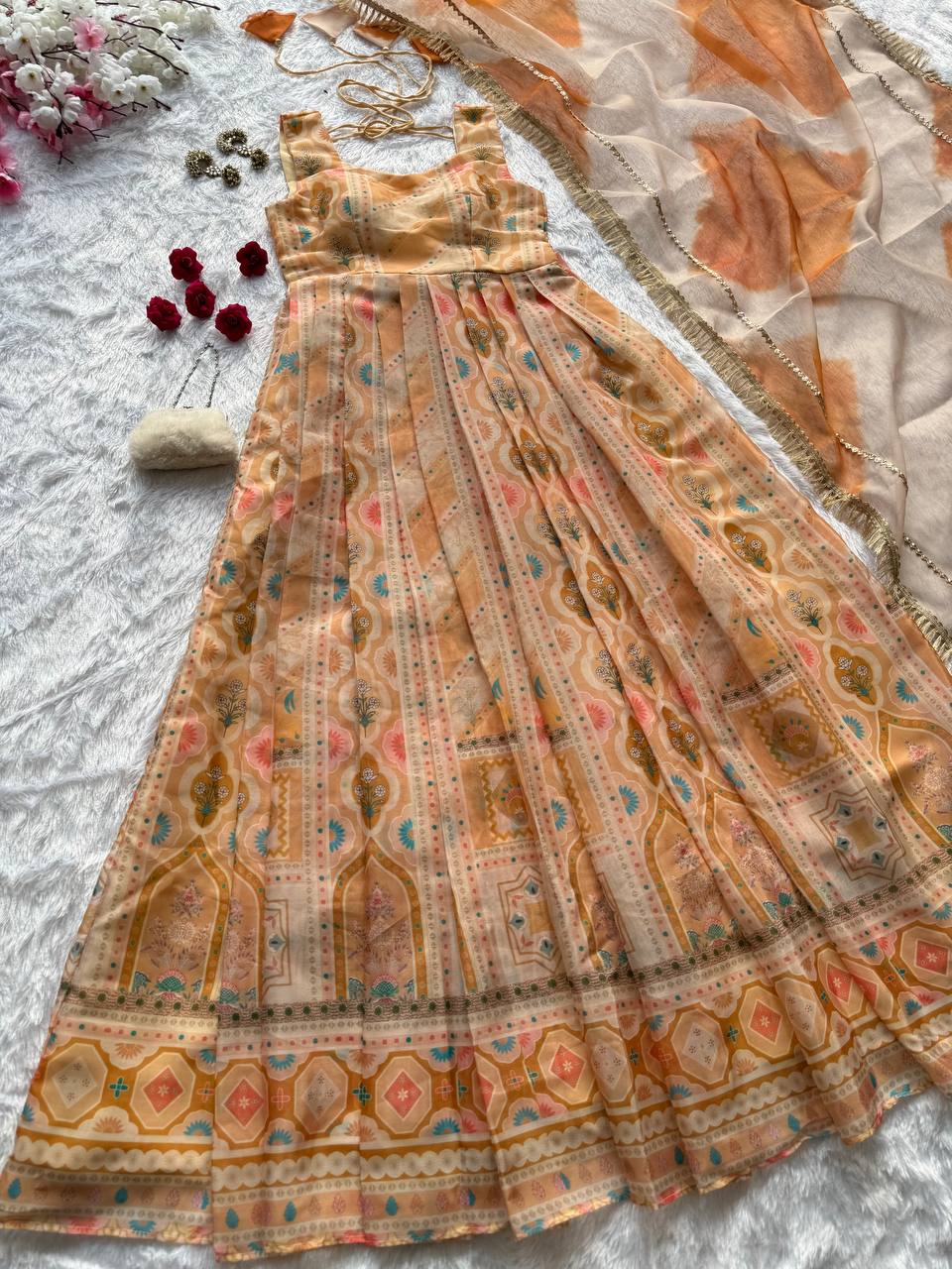 Light Yellow Designer Jimmy Organza Silk Digital Printed Anarkali Gown Set with Dupatta ClothsVilla