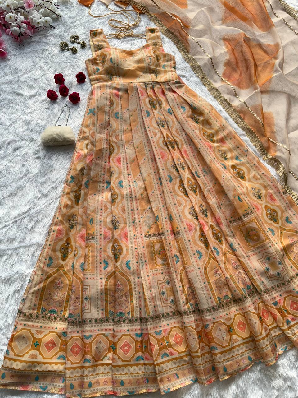 Light Yellow Designer Jimmy Organza Silk Digital Printed Anarkali Gown Set with Dupatta ClothsVilla