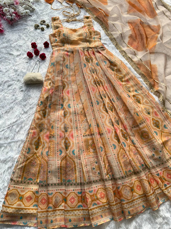 Light Yellow Designer Jimmy Organza Silk Digital Printed Anarkali Gown Set with Dupatta ClothsVilla
